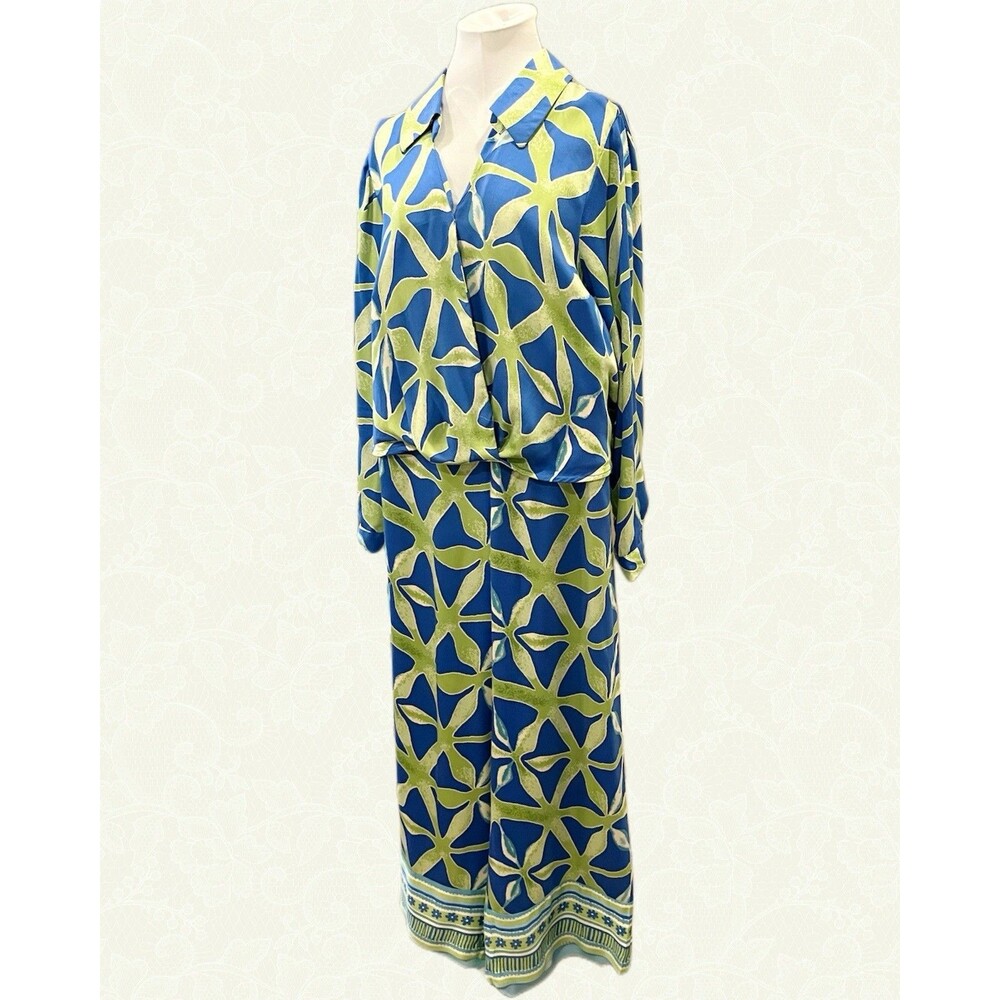 Haute Hippie Women's Blue & Green Faux Wrap Blouse & Wide Leg Pants Set Size L